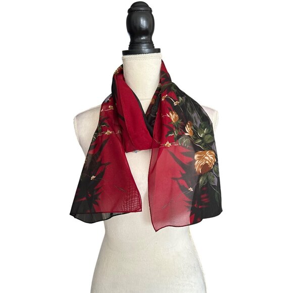 Floral Chiffon Scarf By Worthington - Red & Black With Gold Rose Pattern - Picture 3 of 7